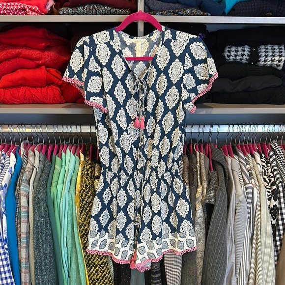 Matilda Jane navy/white/pink print short sleeve front button closure romper XS - Picture 1 of 3